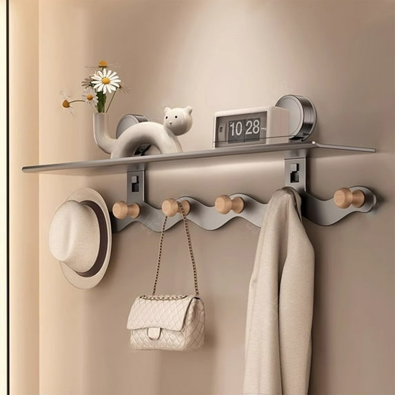 Oggfader Wall Mounted Entryway Hook Rack with Shelf - 6-Hook Alloy Wood Coat Hanger for Bathroom Kitchen Bedroom, Modern Decorative Wall Storage