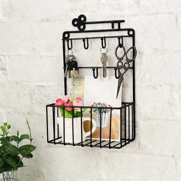 Oggfader Wall Mounted Key Holder with 7 Hooks and Wire Basket, Black Metal Entryway Mail Organizer, Slim Mudroom Key Rack, Hallway Storage