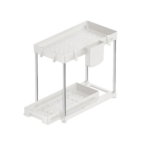 Oggfader White 2 Tier Under Sink Pull Out Organizer, Plastic Kitchen Bathroom Storage Shelf with Hooks