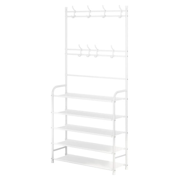 Oggfader White 5 Tier Shoe Rack with Coat Hooks - 20 Pair Capacity Organizer for Entryway, Bedroom, Dorm, Durable Stainless Steel & Plastic