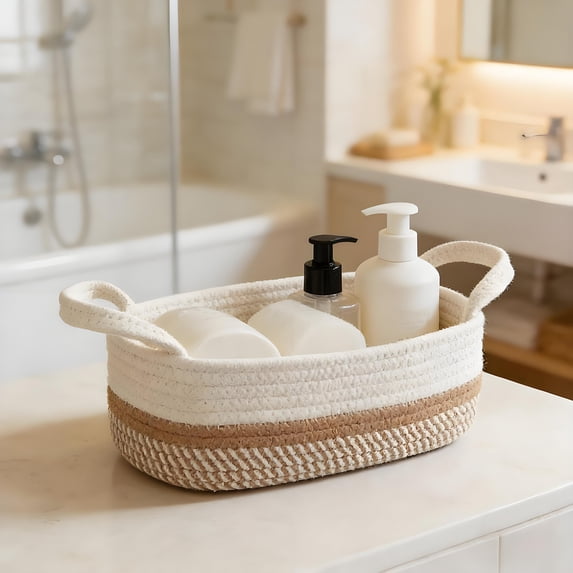 Oggfader White Woven Storage Basket for Bathroom Toilet Tank or Countertop Small Farmhouse Organizer for Towels and Toilet Paper