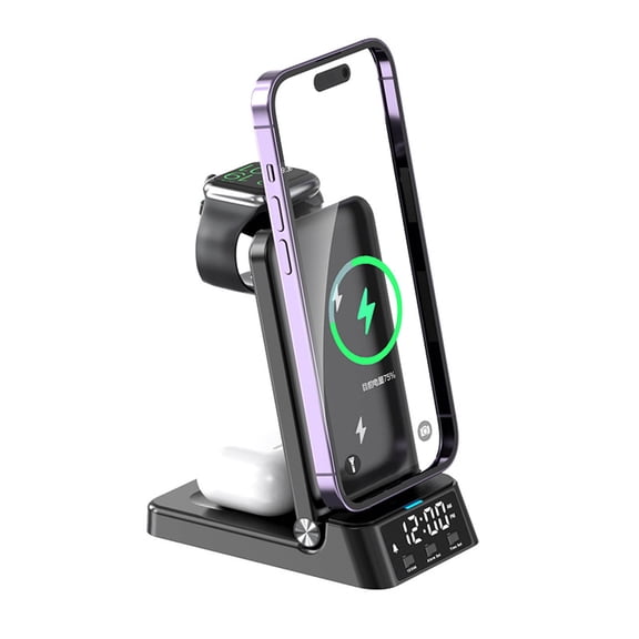 Oggfader Wireless Charger Stand 3 In 1 Wireless Charger 15W Fast Charging Station With Alarm Clock And Night Mobile Phone