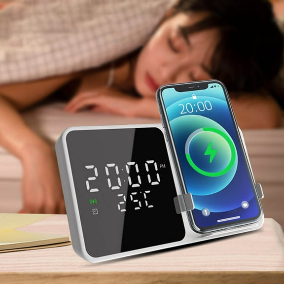 Oggfader Wireless Charger Stand Wireless Charger Alarm Clock 15W Dimmable Large Digital LED Display 12/24 Hours Temperature(F/C) Night Light