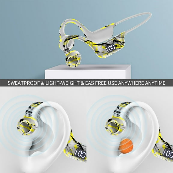 Oggfader Wireless Earbuds 300mAh Conduction Headset Wireless Bluetooth Headset Sports Running Power LED Power Digital Display Yellow