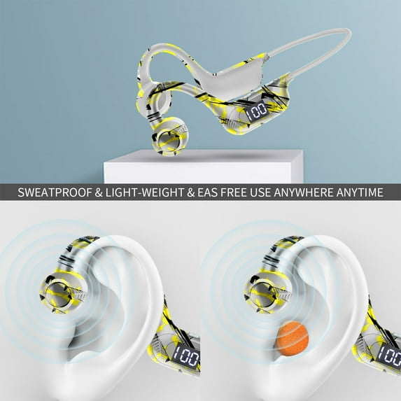 Oggfader Wireless Earbuds 300mAh Conduction Headset Wireless Bluetooth Headset Sports Running Power LED Power Digital Display Yellow