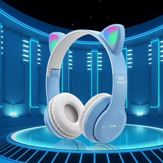 Oggfader Wireless Headphones Headset Ear Bluetooth Headset Luminous Ear Wireless Headset Pluggable Cable Blue