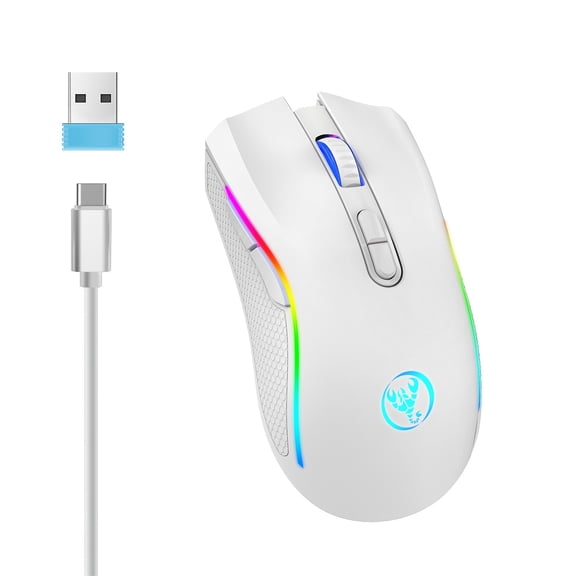 Yarino Wireless Mouse for Laptop 2.4GHz Wireless Mouse Gaming Mouse RGB Backlight Wireless Optical USB Gaming Mouse 4800DPI Rechargeable Mute Mice White