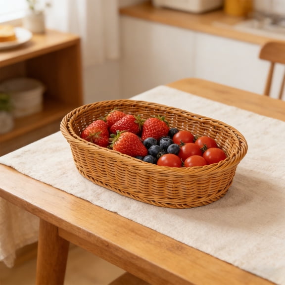 Oggfader Woven Storage Basket Small Faux Rattan Plastic Fruit Basket Bread Basket for Kitchen Counter Organizer Farmhouse Boho Decor Oval Easy Clean