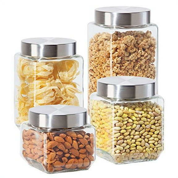 Oggi 4 Piece Square Glass Canister Set with Stainless Steel Screw-on Lids, Clear