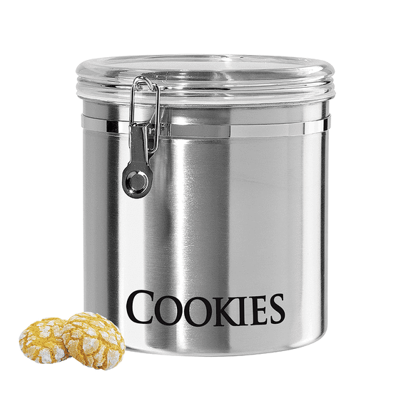 Oggi Airtight Clamp Canister Food Storage Container, 8-Inch-Cookies, Stainless, Clear Lid