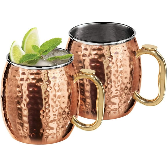Oggi Set of 2 Hammered Stainless Steel Moscow Mule Mugs- 18oz Copper Plated Moscow Mule Cups w/EZ-Grip Handle, Cocktail Cart & Home Bar Accessories, Great Kitchen Gifts 18 oz Hammered (Set of 2)