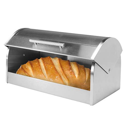 Oggi Stainless Steel Bread Box with Tempered Glass Roll Top Lid