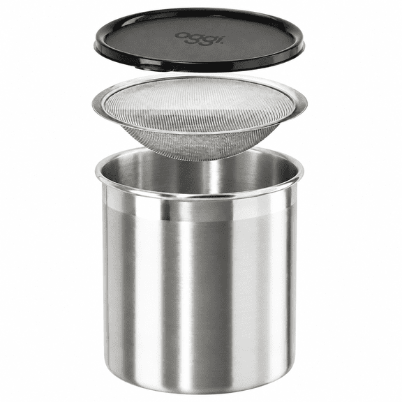 Oggi Stainless Steel Jumbo Grease Container with Removable Strainer and Snug Lid. Perfect container for fryer oil, bacon drippings, lard and ghee oil. Large capacity can - 1 Gall / 4 Qt / 3.75 Lt