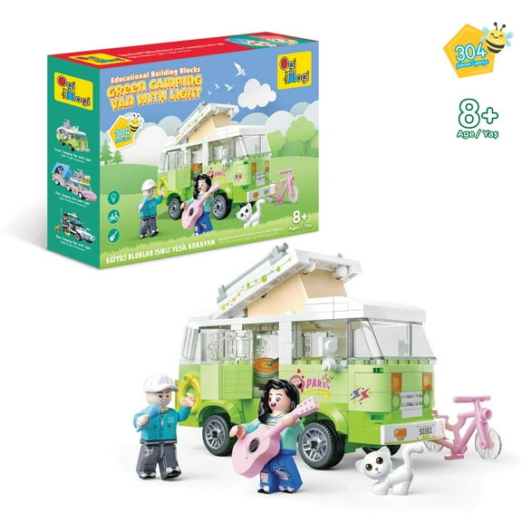Ogi Mogi Toys Educational Building Blocks Light-Up Green Camper Van Set 304 Pieces