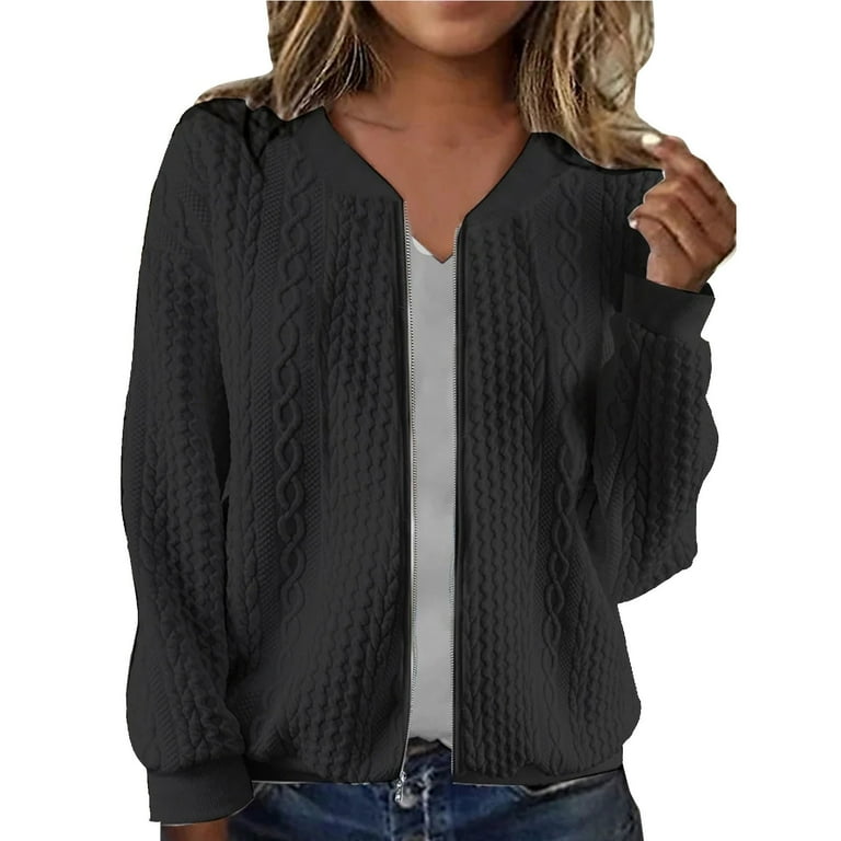 Ogiraw Clearance Jackets for Women Women s Fall Crew Neck Solid Color Texture Casual Zip Up Short Jacket Clearance sale S XXL Walmart