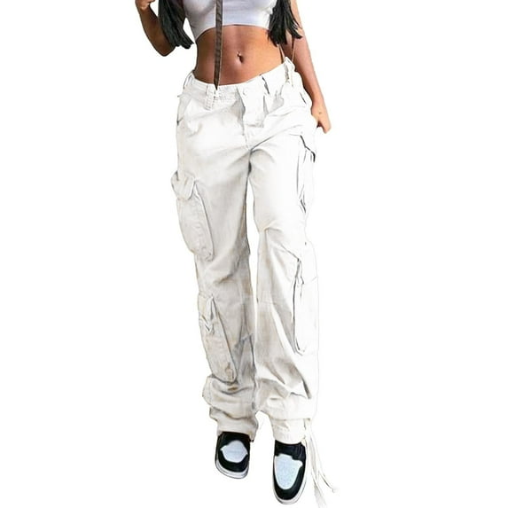 Ogiraw Pants for Women Sweatpants Women Cargo Pants Women Women's Solid Color Low Rise Multi Pocket Cargo Casual Trousers White