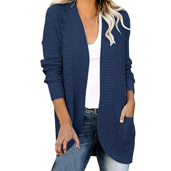Ogiraw Womens Tops Cardigan for Women Cardigan Sweaters for Women Women's Solid Color Curved Placket Large Pocket Sweater Cardigan Jacket Blue