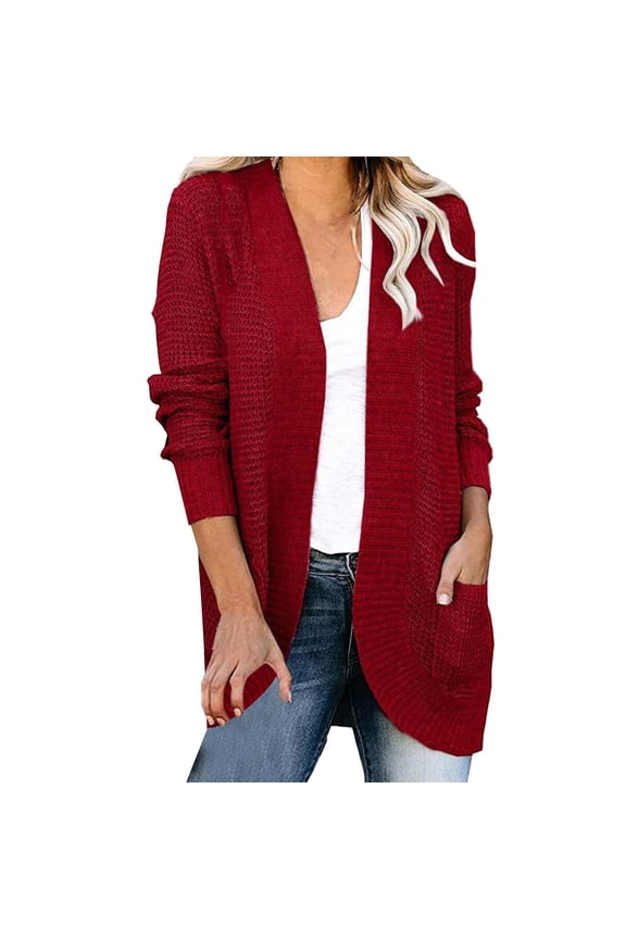 Womens Tops Cardigan for Women Cardigan Sweaters for Women Women's Solid Color Curved Placket Large Pocket Sweater Cardigan Jacket Red