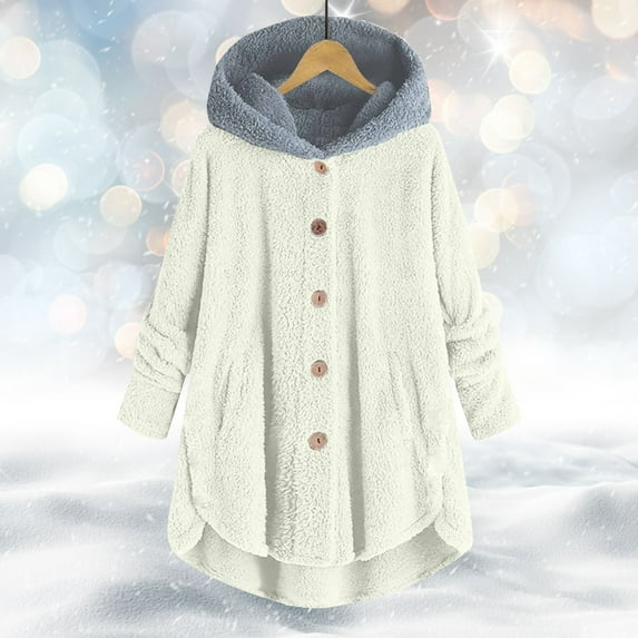 Ogiraw Womens Tops Coats for Women Long Sweaters for Women Women Plus Size Button Tops Hooded Loose Cardigan Wool Coat Winter Jacket Beige
