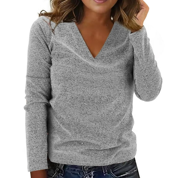 Ogiraw Womens Tops Womens Long Sleeve Tops Tops for Women Trendy Women's Spring and Autumn New Casual Solid Color Sequin Long Sleeved T Shirt Silver