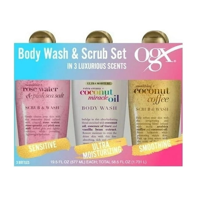 Ogx Body Wash & Scrub Set, 19.5 Fluid Ounce (Pack of 3)