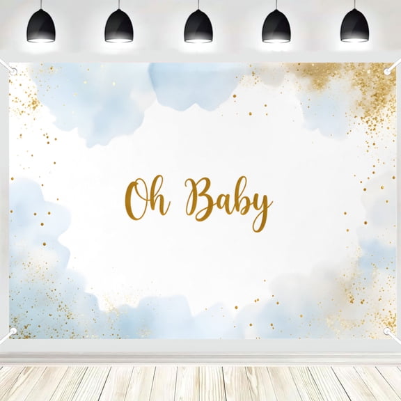 Oh Baby Backdrop, Blue Watercolor Cloud and Gold Glitter Photography Background, Neutral Baby Shower Party Banner, Photo Booth Decor 16x24in