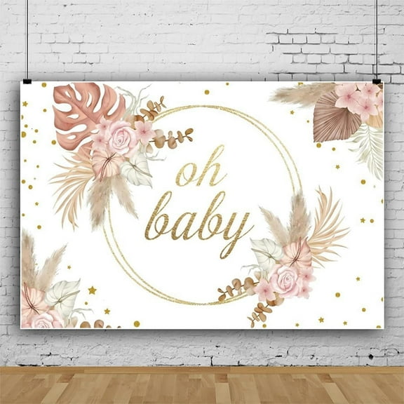 Oh Baby Backdrop Boho Pampas Grass Background Boho Chic Pink Flowers Baptism Birthday Party Decorations for Newborn Baby Shower Photo Booth Props