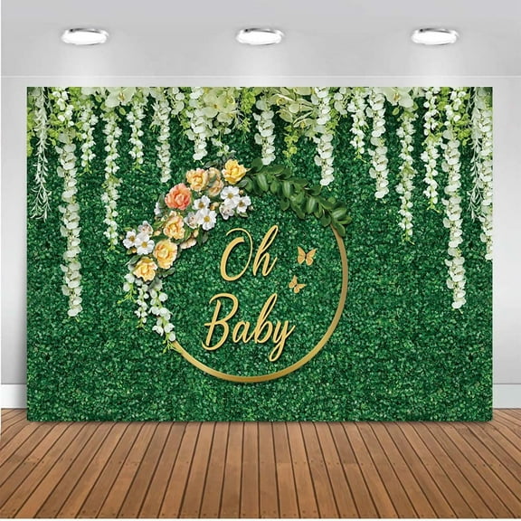 Oh Baby Backdrop Green Grass Floral Baby Shower Photography Background Greenery Newborn Party Banner Decoration Photo Studio Booth Photography Props Cake Table Banner