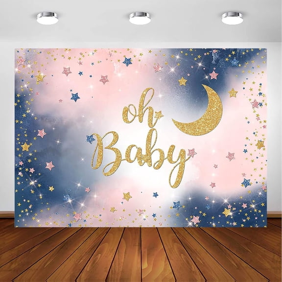 Oh Baby Backdrop Watercolor Blue and Pink Clouds Moon and Star Oh Baby Photography Background Twinkle Star Sky Cloud Baby Shower Party Decorations Banner Photo Booth Props