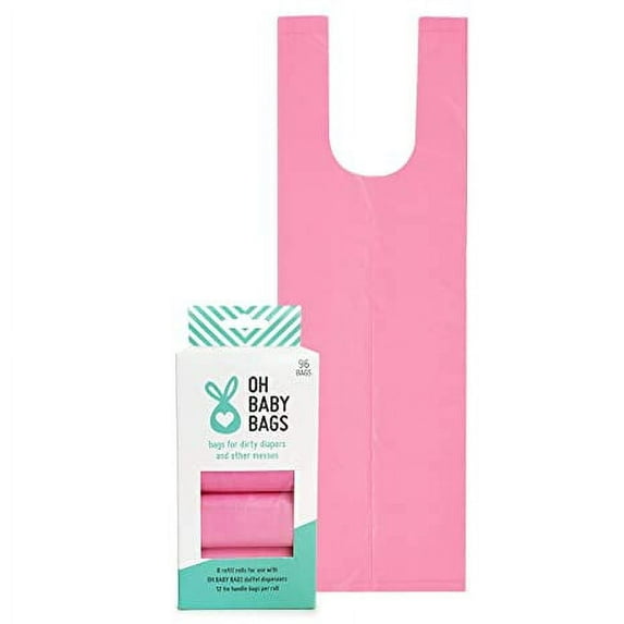 Oh Baby Bags Disposable Dirty Diaper Bags, 8 Refill Rolls with Tie Handles - 96 Count, Scented - PINK