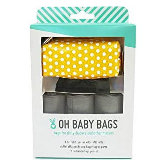 Oh Baby Bags Yellow Dot Dirty Diaper Bag Dispenser, Clip On Bag Holder Attaches to Any Diaper Bag, 144 Count Large Tie Handle Bags