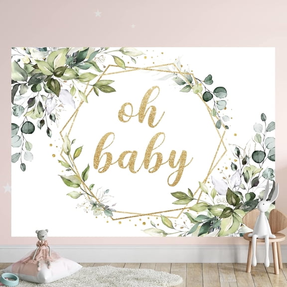 Oh Baby Banner Sign Baby Shower Decorations Backdrop Eucalyptus Greenery Newborn Party Polyester Fabric Leaves Gold Sage Green Neutral Photography Background Studio Photo Shoot