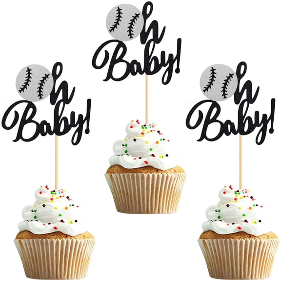 Oh Baby Baseball Cupcake Toppers, Black Glitter, Baby Shower and Kids Birthday Party Decorations, 12 Pack