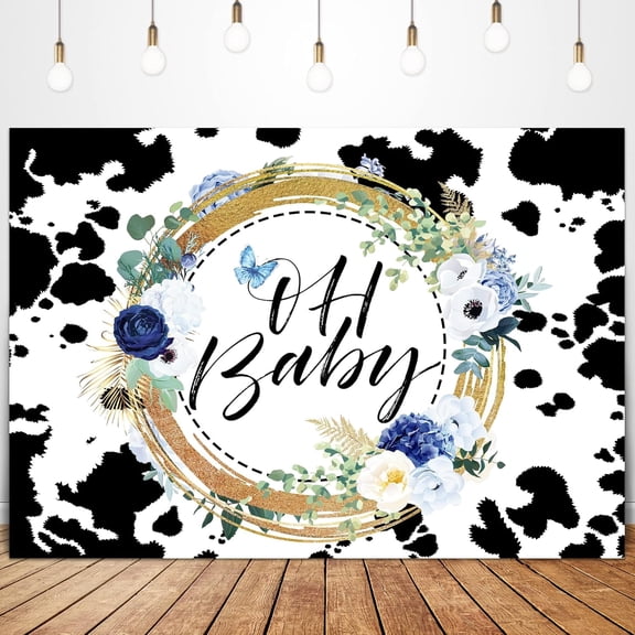 Oh Baby Cow Backdrop Black White Cow Print Blue Floral Holy Cow Baby Shower Party Decorations Photography Background Photo Booth Studio
