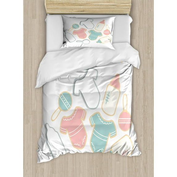 Oh Baby Duvet Cover Set Twin Size, Newborn Baby Element Pattern with Infant Bodysuit Feeding Bottle and Rattle Figures, Decorative 2 Piece Bedding Set with 1 Pillow Sham, Multicolor, by Ambesonne