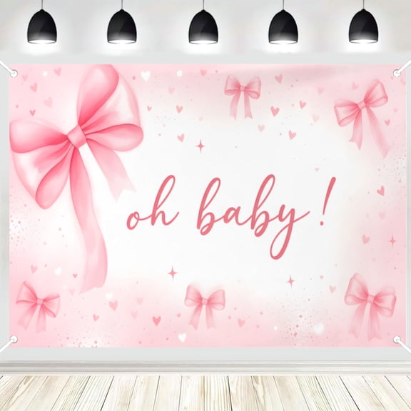 Oh Baby Pink Bow Backdrop, Watercolor Bow and Heart Photography Background, Baby Shower Party Banner, Photo Booth Decor 16x24in