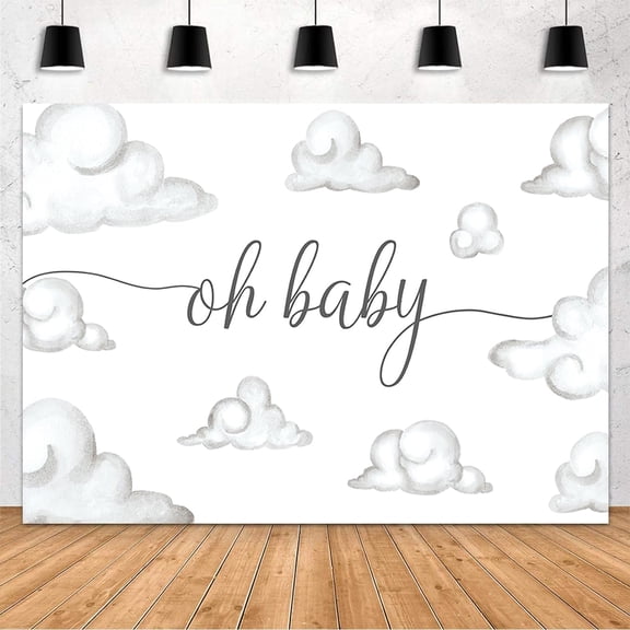 Oh Baby Shower Backdrop White Clouds Baby Birthday Photography Background White Cloud Baby Shower Party Decorations Cake Table Banner Supplies Photo Studio Props