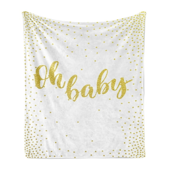 Oh Baby Soft Flannel Fleece Throw Blanket, Oh Baby Font Writing Ornamented with Sparsed Dot Print, Cozy Plush for Indoor and Outdoor Use, 50" x 60", Earth Yellow and White, by Ambesonne