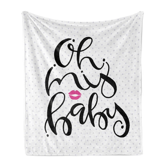 Oh Baby Soft Flannel Fleece Throw Blanket, Hand-Written Style Oh My Baby Phrase with Lips and Polka Dot, Cozy Plush for Indoor and Outdoor Use, 50" x 60", Lavender Pink and Black, by Ambesonne