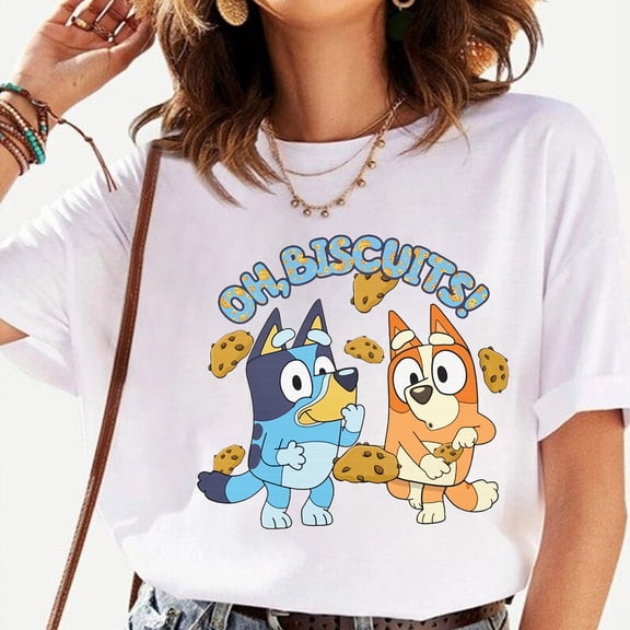 Oh Biscuits Cute Bluey T-Shirt, Blue Dog Disney Shirt, Blue Dog Birthday Party Shirt, Bluey Bingo Family Shirt, White Color size M