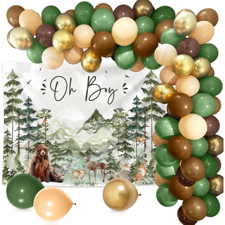 Oh Boy Backdrop Woodland Adventure Baby Shower Decorations for Boy Birthday Party Mountain Forest Sage Green Balloons Banner Party Decor