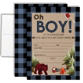 Oh Boy! Blue & Black Plaid Lumberjack Baby Shower Invitations, 20 Fill-In Cards with Envelopes, 5x7 Baby Shower Invites & Supplies, New Baby Celebration Cards, Made in USA by Amanda Creation
