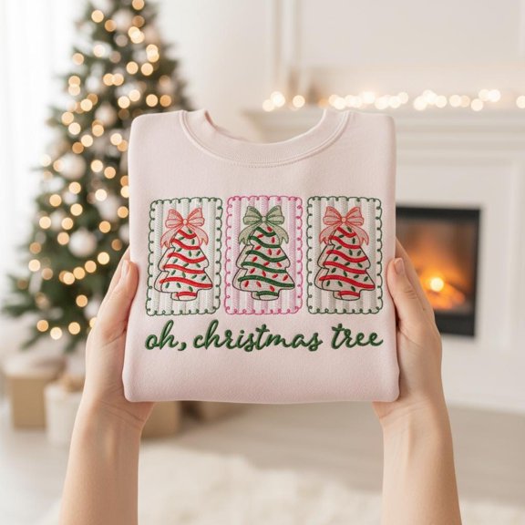 Oh Christmas Tree Embroidered Sweatshirt, Holiday Crewneck, Cute Bow Tree Design Jumper, Cozy Festive Gift for Her