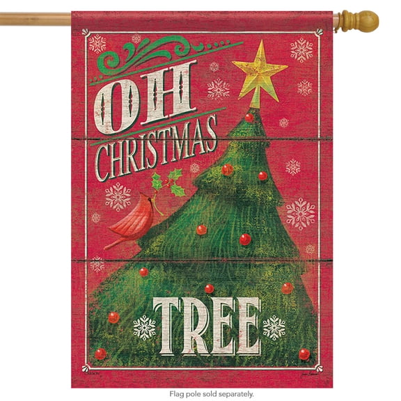 Oh Christmas Tree House Flag Star Primitive Cardinal 28" X 40"