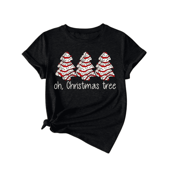Oh Christmas Tree T-Shirt, Christmas Tree Donut Cake Graphic Tee, Unisex Cotton Crew Neck Short Sleeve Holiday Top