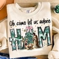 thumbnail image 1 of Oh Come Let Us Adore Him, Nativity Scene Winter Holiday Tree, Coquette Jesus Winter Holiday, Baby Jesus, Oh Holy Night, Hand Drawn TSHIRT All Size S-5XL, 1 of 5