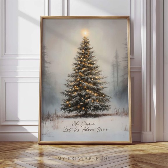 Oh Come Let Us Adore Him Poster, Christmas Tree And Christian Holiday Decor