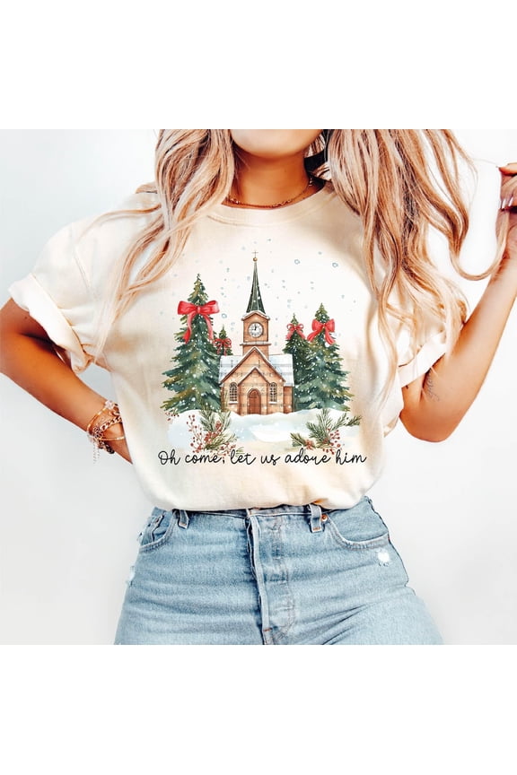 Oh Come Let Us Adore Him Shirt, Jesus Winter Tee, Coquette Winter Tree Tshirt, Hand Drawn, Christian, All Size S-5Xl