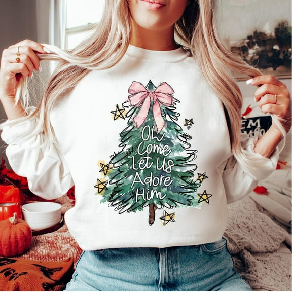 Oh Come Let Us Adore Him Shirt, Winter Shirt, Coquette Winter Tree, Hand Drawn Shirt, Christian Winter Shirts All Size S-5Xl