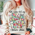 thumbnail image 1 of Oh Come Let Us Adore Him Sweatshirt, Jesus Nativity Scene Crewneck, Christian Christmas Tree Brushstroke Sweater, 1 of 5